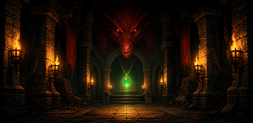 A glowing emerald amulet waits beneath a red dragon in a torchlit dungeon