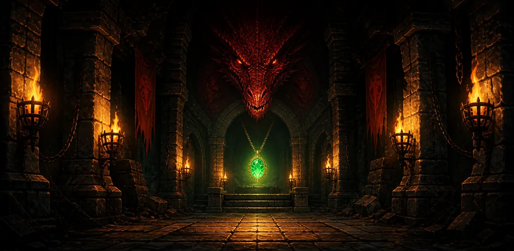 A glowing emerald amulet waits beneath a red dragon in a torchlit dungeon