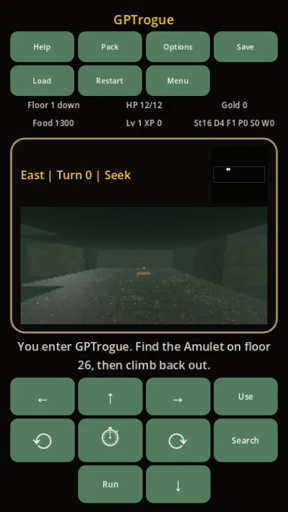 Rogue 3D first-person dungeon view with automap, status, and movement controls